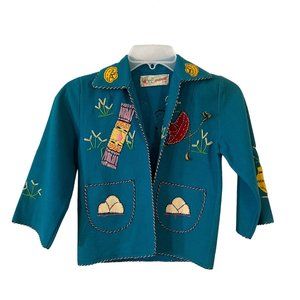 Anahuac Jacket Shirt Blue Wool Childs Mexico Souvenir Embroidered Vintage 1940s